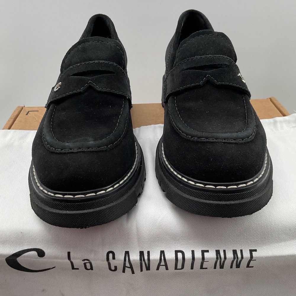 La Canadienne Black Suede Lug Sole Penny Loafers Women Round Toe Contrast Stitch